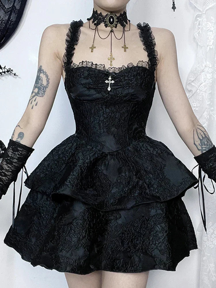 Jacquard Lace Corset Strap Tiered Ruffle Mini Dress