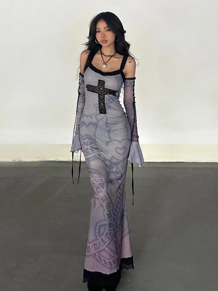 Gothic Chain Print Lace Cross Applique Detached Sleeve Maxi Dress