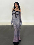 Gothic Chain Print Lace Cross Applique Detached Sleeve Maxi Dress