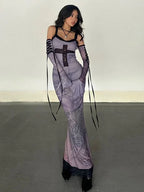 Gothic Chain Print Lace Cross Applique Detached Sleeve Maxi Dress