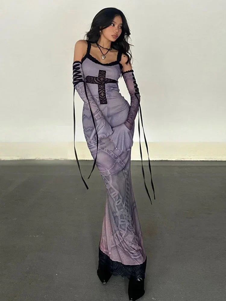 Gothic Chain Print Lace Cross Applique Detached Sleeve Maxi Dress