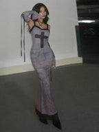Gothic Chain Print Lace Cross Applique Detached Sleeve Maxi Dress