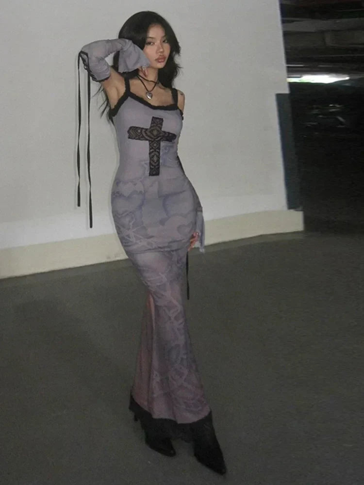Gothic Chain Print Lace Cross Applique Detached Sleeve Maxi Dress