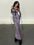 Gothic Lace Oversleeve Vintage V Neck Sleeveless Bodycon Halloween Cocktail Dress