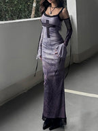 Gothic Chain Print Lace Cross Applique Detached Sleeve Maxi Dress