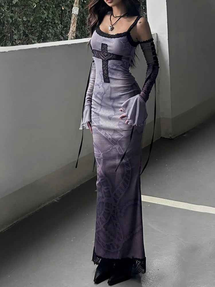 Gothic Chain Print Lace Cross Applique Detached Sleeve Maxi Dress