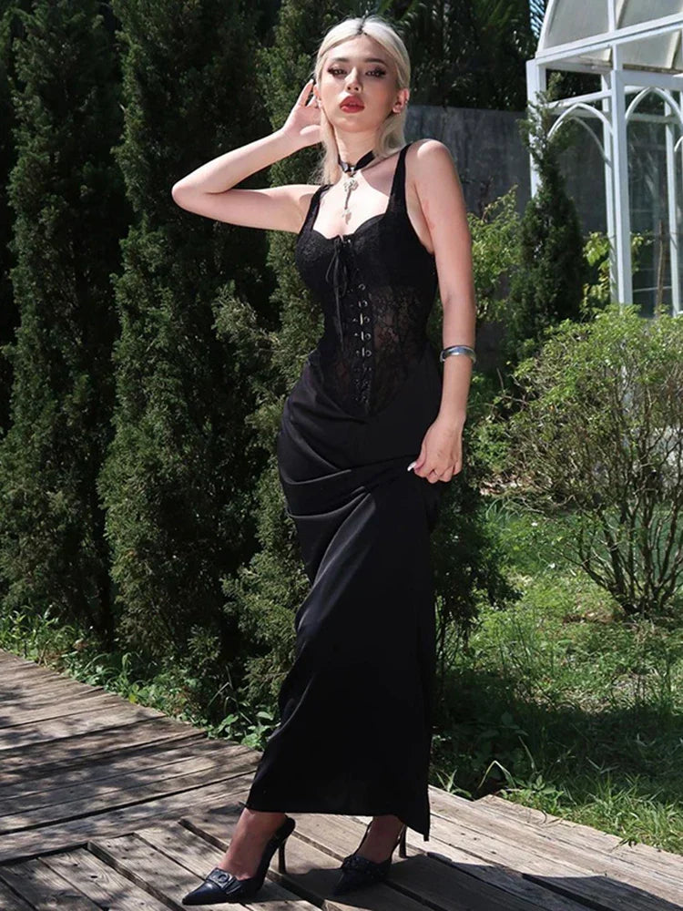 Lace Up Corset Bodice Satin Column Maxi Dress