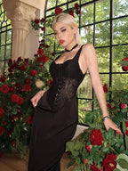 Lace Up Corset Bodice Satin Column Maxi Dress
