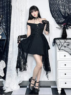 Off Shoulder Embroidered Bodice Lace Panel Handkerchief Hem Mini Dress