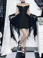Off Shoulder Embroidered Bodice Lace Panel Handkerchief Hem Mini Dress