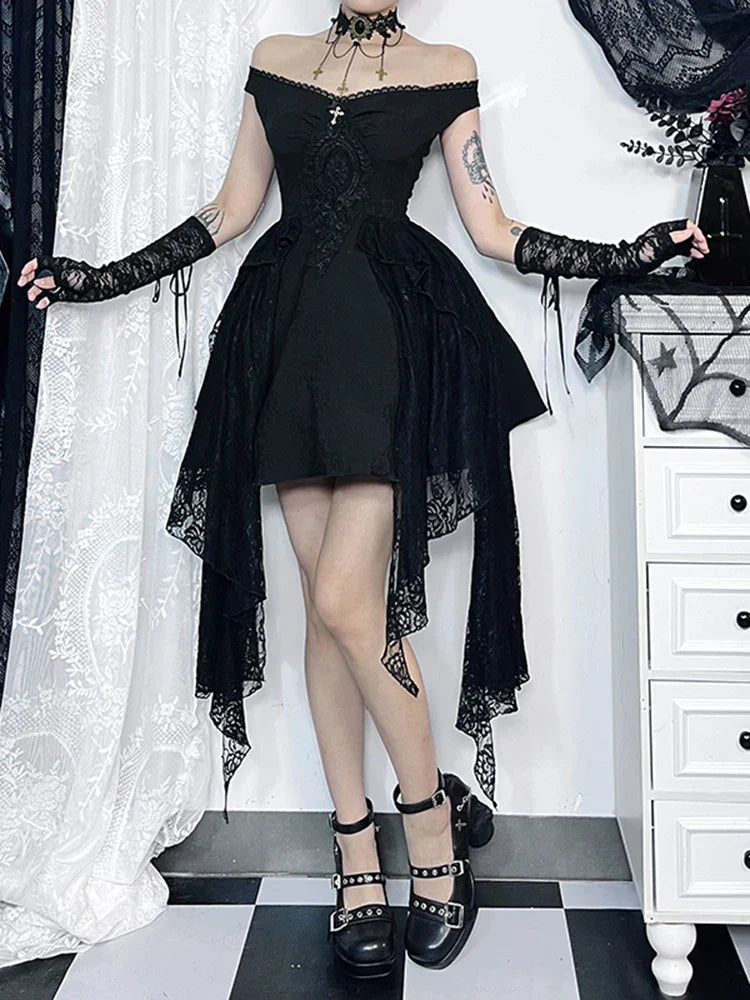 Off Shoulder Embroidered Bodice Lace Panel Handkerchief Hem Mini Dress