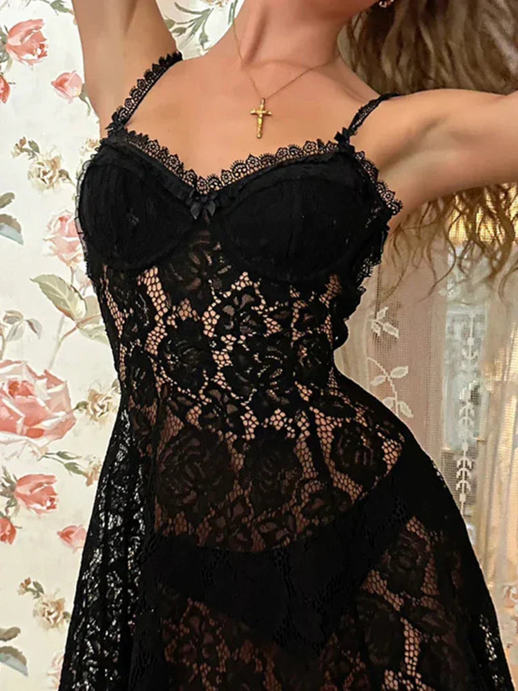 Floral Lace Deep V-Neck Scallop Trim Spaghetti Strap Sheer Mini Dress