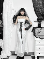 Floral Lace Spaghetti Strap Corset Lace-Up Gothic Maxi Dress