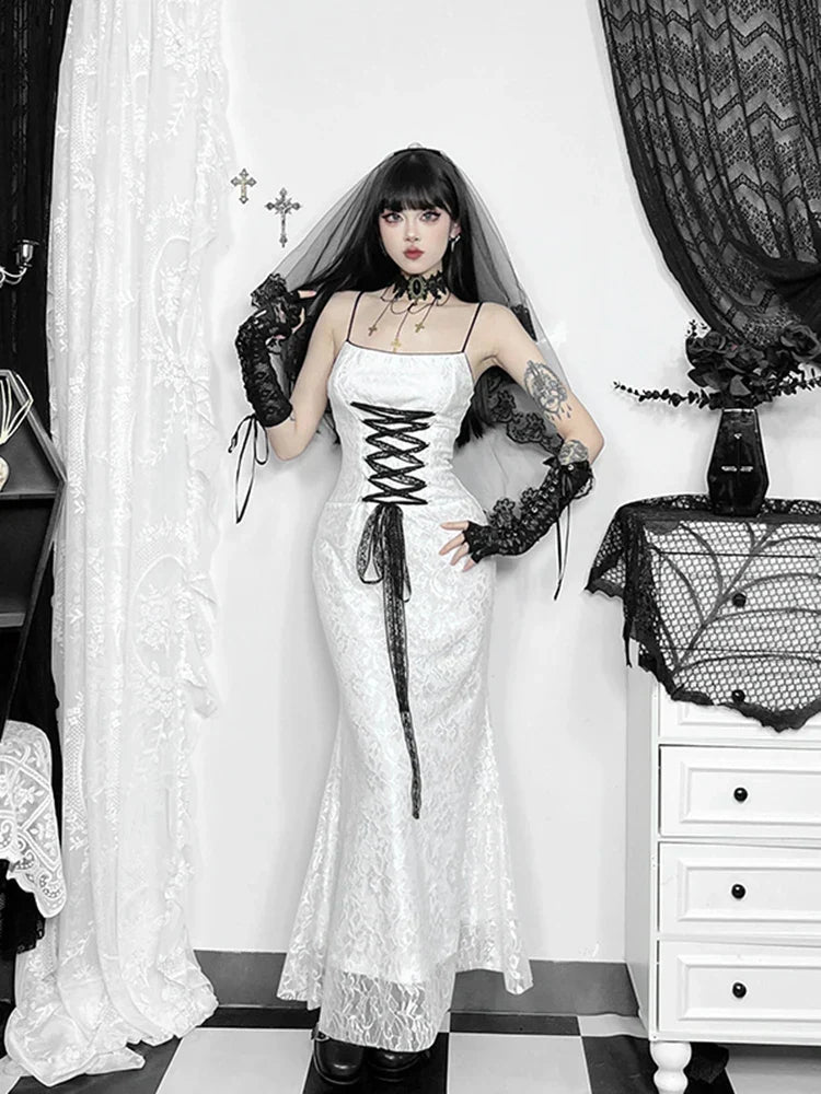 Floral Lace Spaghetti Strap Corset Lace-Up Gothic Maxi Dress