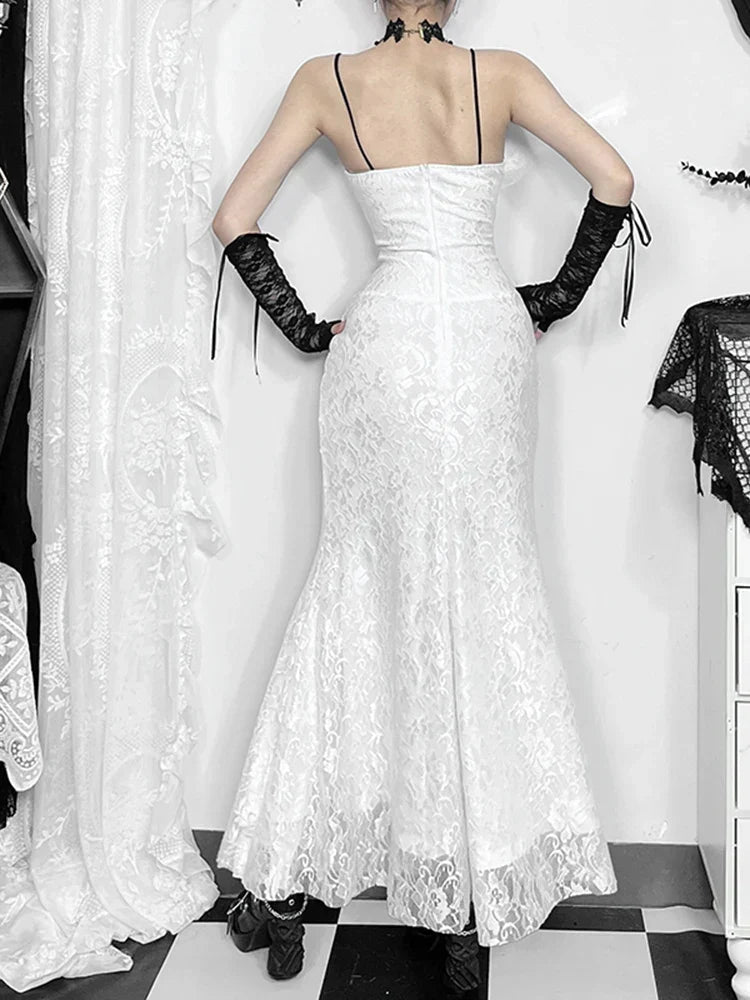 Floral Lace Spaghetti Strap Corset Lace-Up Gothic Maxi Dress