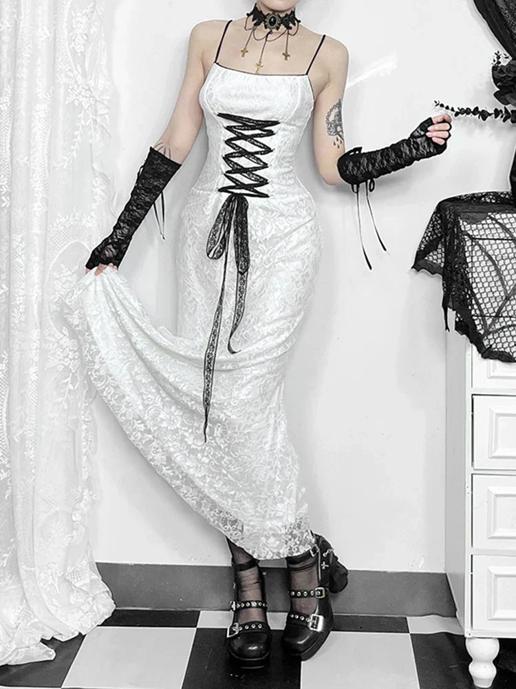 Floral Lace Spaghetti Strap Corset Lace-Up Gothic Maxi Dress
