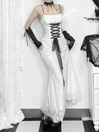 Floral Lace Spaghetti Strap Corset Lace-Up Gothic Maxi Dress