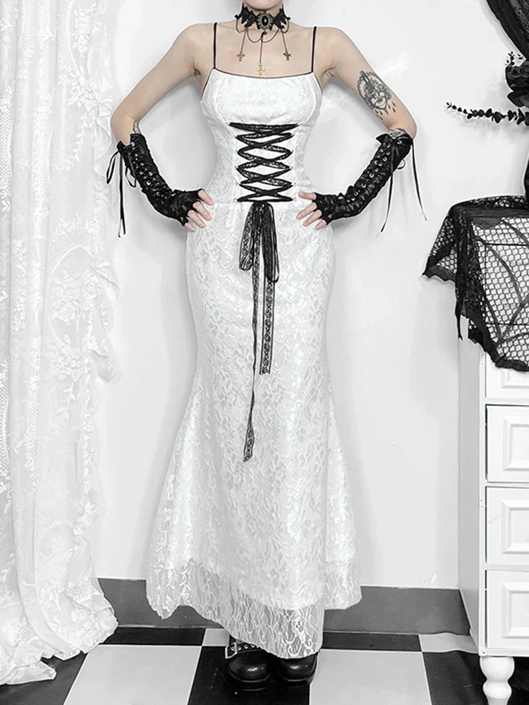 Floral Lace Spaghetti Strap Corset Lace-Up Gothic Maxi Dress