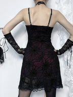 Spiderweb Mesh Overlay Lace Trim Spaghetti Strap Bodycon Mini Dress