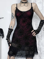 Spiderweb Mesh Overlay Lace Trim Spaghetti Strap Bodycon Mini Dress