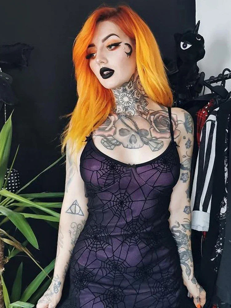 Spiderweb Mesh Overlay Lace Trim Spaghetti Strap Bodycon Mini Dress