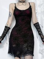 Spiderweb Mesh Overlay Lace Trim Spaghetti Strap Bodycon Mini Dress