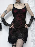 Spiderweb Mesh Overlay Lace Trim Spaghetti Strap Bodycon Mini Dress
