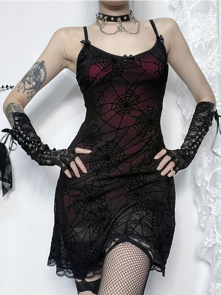 Spiderweb Mesh Overlay Lace Trim Spaghetti Strap Bodycon Mini Dress