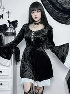 Lace Up Front Crushed Velvet Bell Sleeve Ruffle Cuff Mini Dress