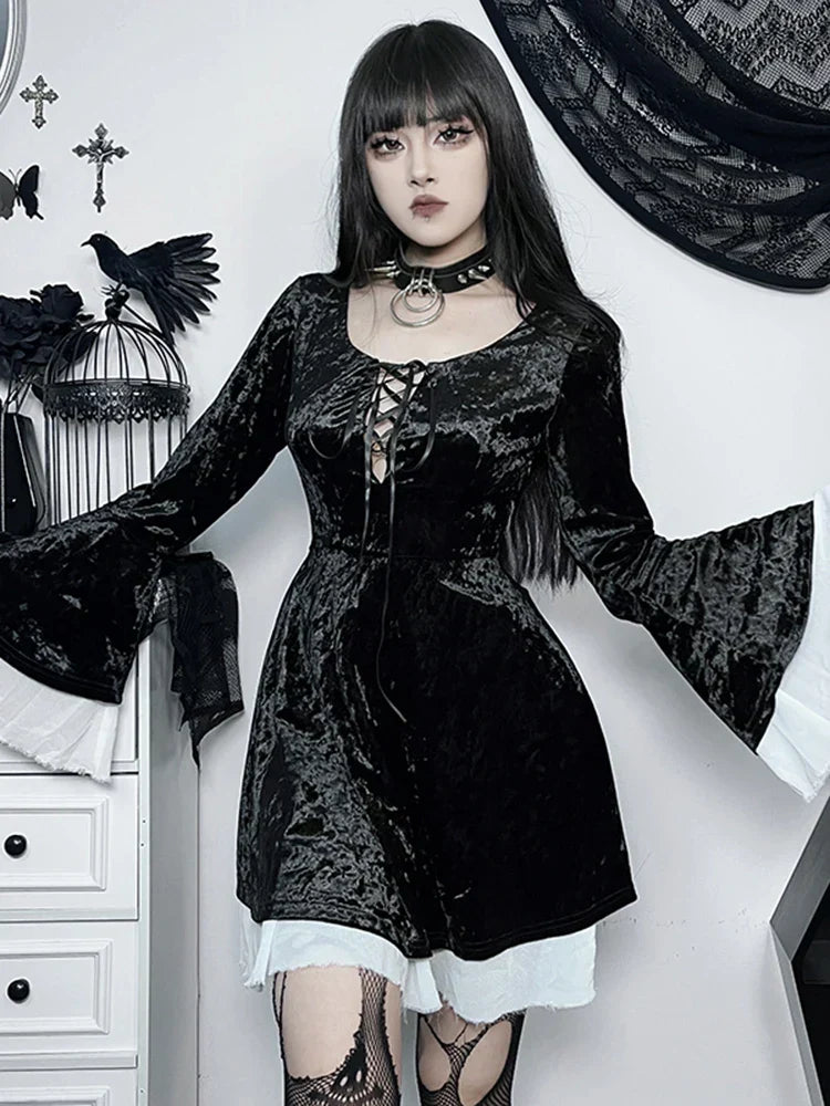 Lace Up Front Crushed Velvet Bell Sleeve Ruffle Cuff Mini Dress