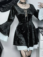 Lace Up Front Crushed Velvet Bell Sleeve Ruffle Cuff Mini Dress