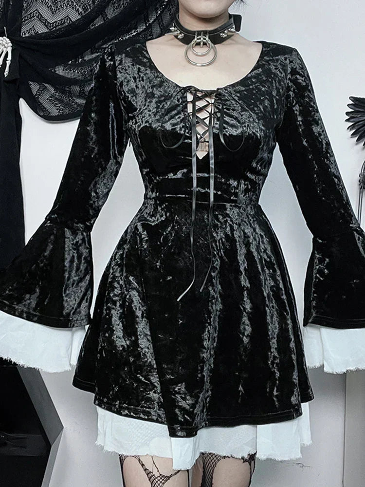Lace Up Front Crushed Velvet Bell Sleeve Ruffle Cuff Mini Dress