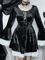 Lace Up Front Crushed Velvet Bell Sleeve Ruffle Cuff Mini Dress