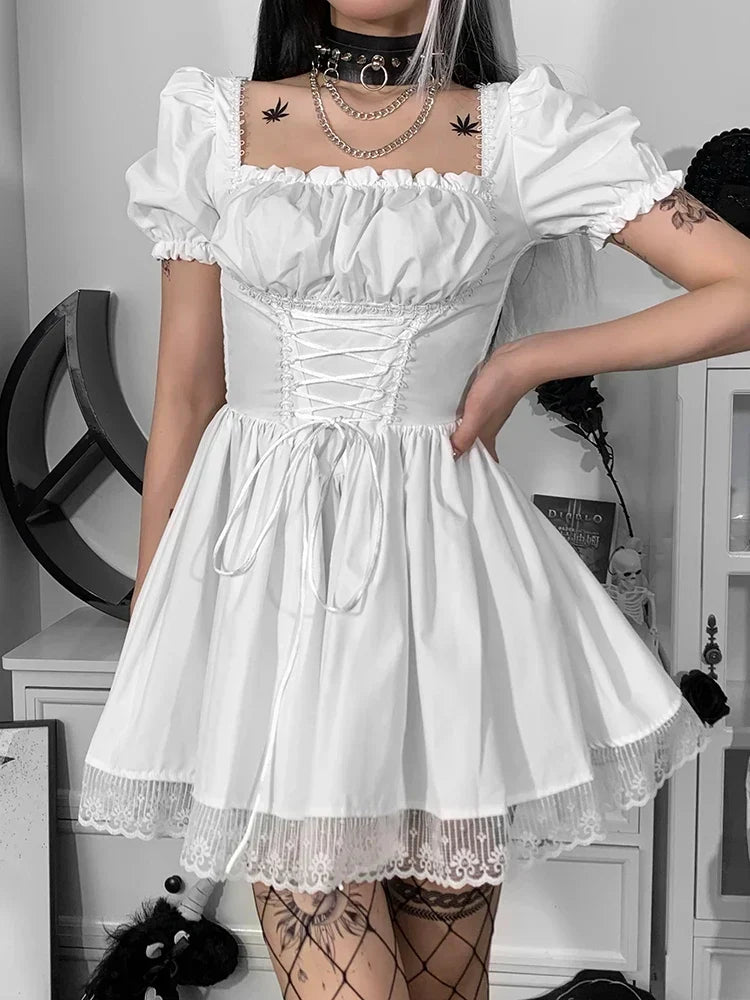 Square Neck Puff Sleeve Lace Up Corset Waist Lace Trim Hem Mini Dress