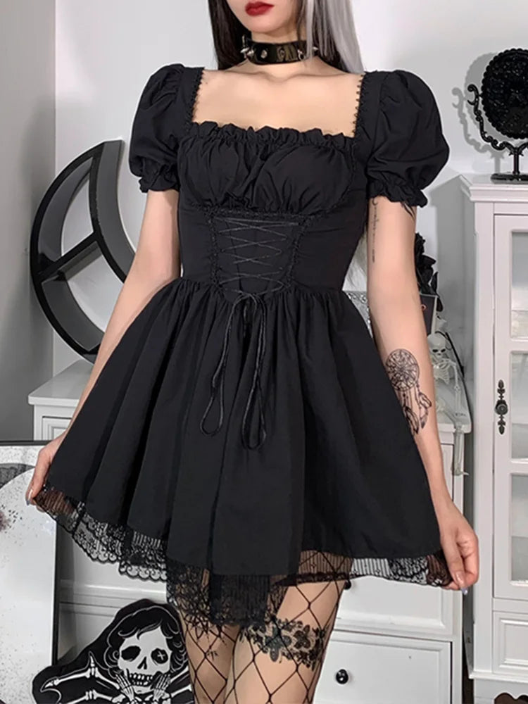 Square Neck Puff Sleeve Lace Up Corset Waist Lace Trim Hem Mini Dress