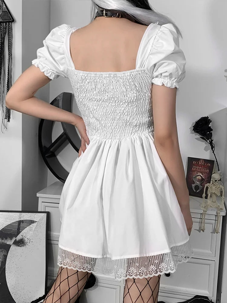 Square Neck Puff Sleeve Lace Up Corset Waist Lace Trim Hem Mini Dress