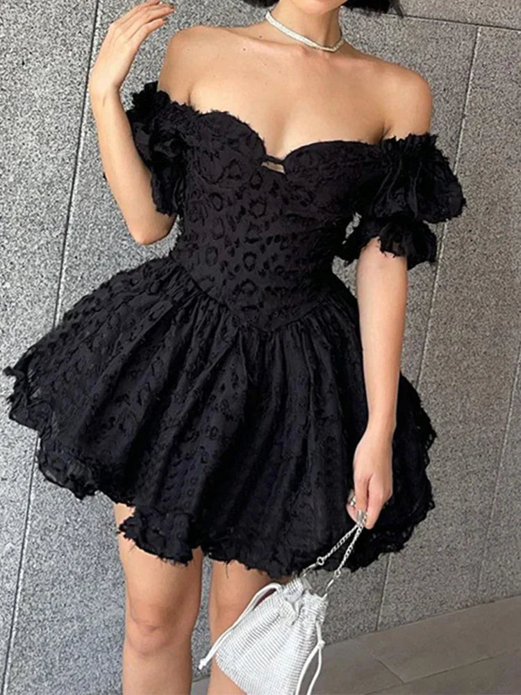 Textured Jacquard Print Off Shoulder Puff Sleeve Corset Skater Mini Dress