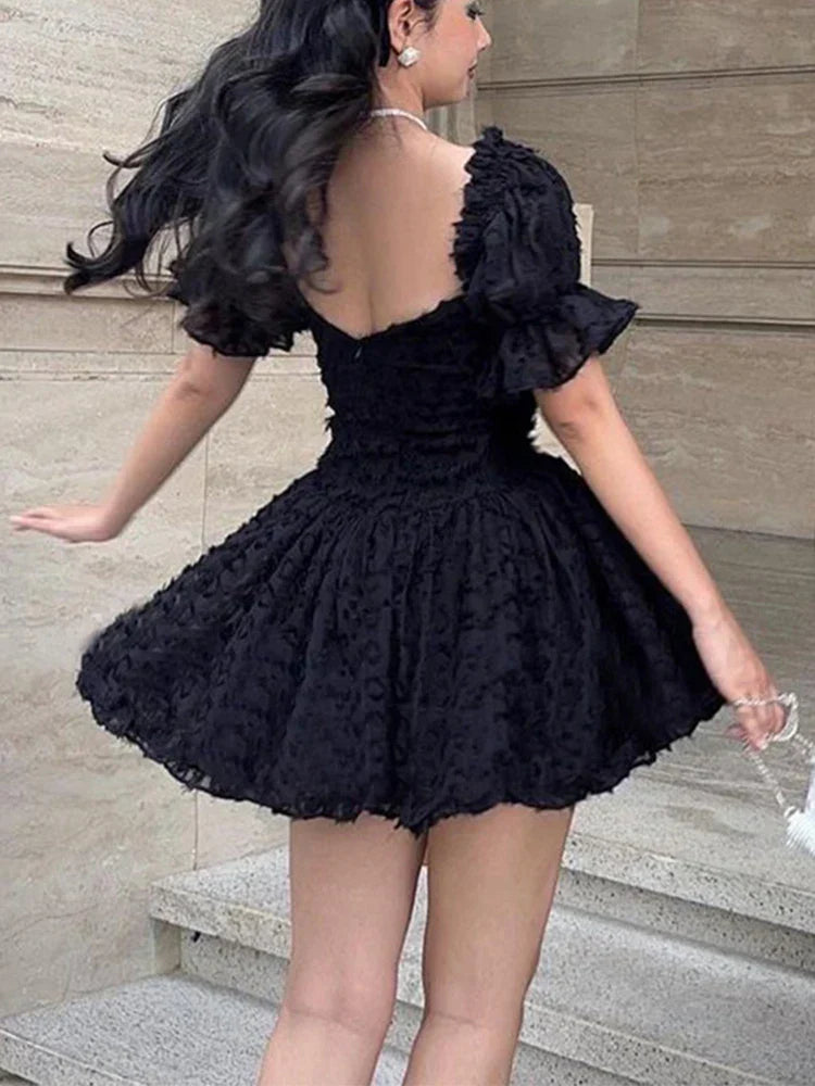 Textured Jacquard Print Off Shoulder Puff Sleeve Corset Skater Mini Dress