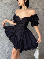 Textured Jacquard Print Off Shoulder Puff Sleeve Corset Skater Mini Dress