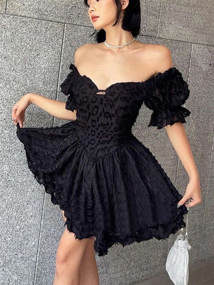 Textured Jacquard Print Off Shoulder Puff Sleeve Corset Skater Mini Dress