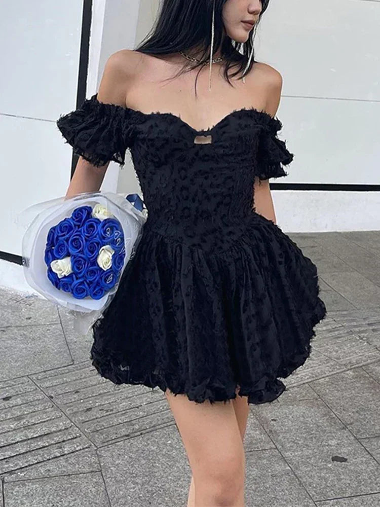Textured Jacquard Print Off Shoulder Puff Sleeve Corset Skater Mini Dress