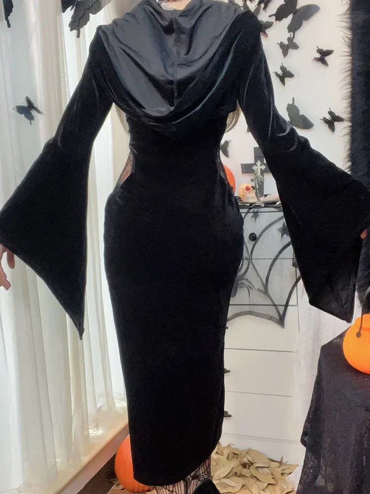 Velvet Bell Sleeve Chest Cutout Buckle Corset Lace-Up Thigh Slit Midi Dress