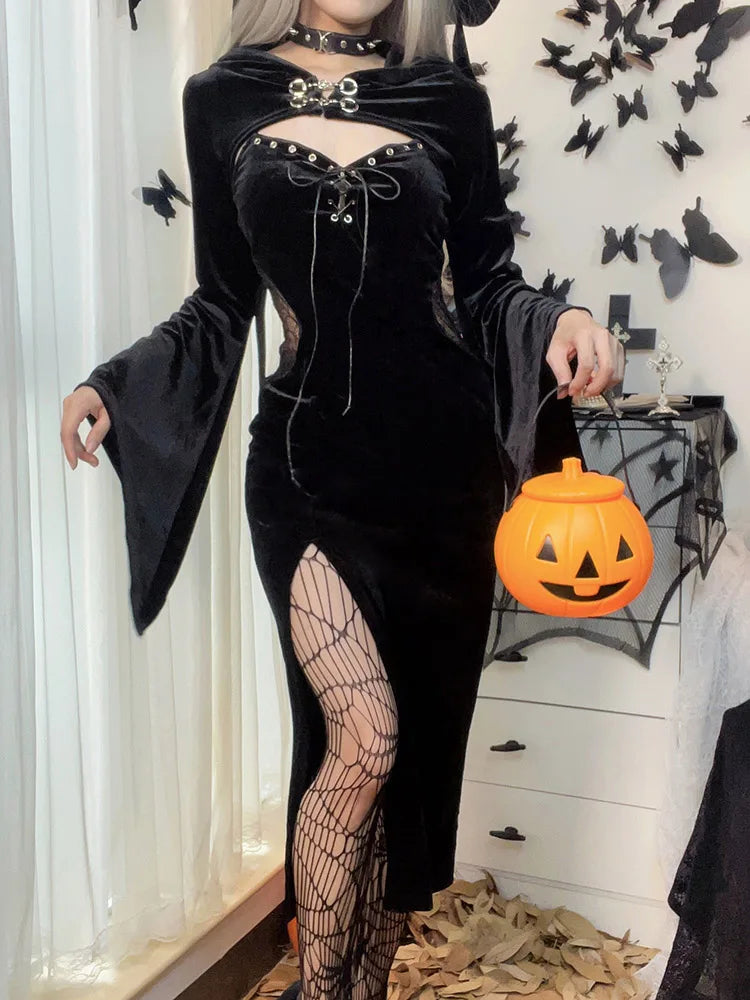 Velvet Bell Sleeve Chest Cutout Buckle Corset Lace-Up Thigh Slit Midi Dress