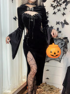 Velvet Bell Sleeve Chest Cutout Buckle Corset Lace-Up Thigh Slit Midi Dress