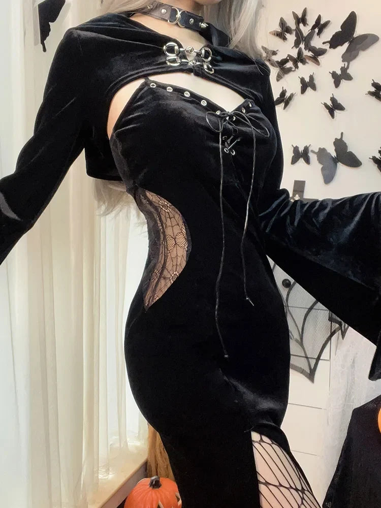 Velvet Bell Sleeve Chest Cutout Buckle Corset Lace-Up Thigh Slit Midi Dress