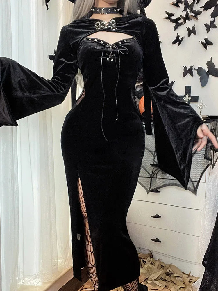 Velvet Bell Sleeve Chest Cutout Buckle Corset Lace-Up Thigh Slit Midi Dress
