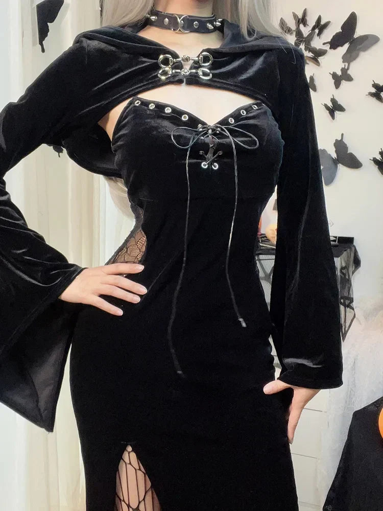 Velvet Bell Sleeve Chest Cutout Buckle Corset Lace-Up Thigh Slit Midi Dress