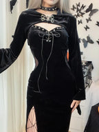 Velvet Bell Sleeve Chest Cutout Buckle Corset Lace-Up Thigh Slit Midi Dress