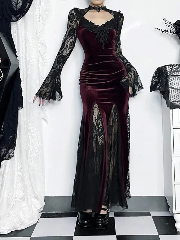 Velvet Lace Choker Bell Sleeve Mermaid Maxi Gown with High Slit