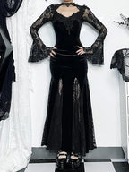 Velvet Lace Choker Bell Sleeve Mermaid Maxi Gown with High Slit